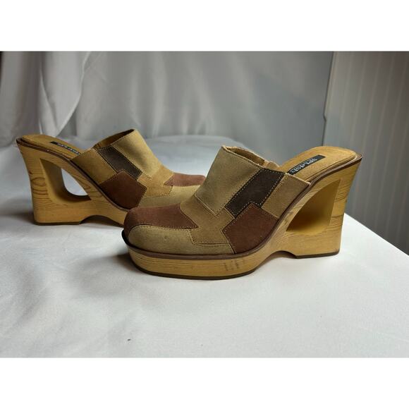 Splash Beige Leather Suede color block  Clog Sandals wood hailed Women's Us 9M - Picture 1 of 9